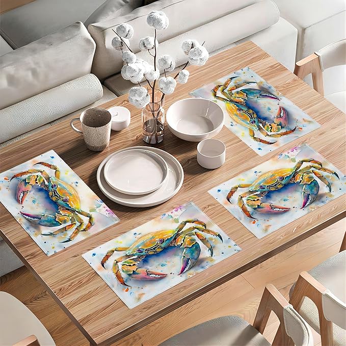 Sea Beach Theme PlaceMats Set of 4 Ocean Crab Pictures Print Washable Placemats Marine Life Animal Table Mats Teal Blue Scratch Proof Table Mats for Kitchen Decor Dinner 4 PCS