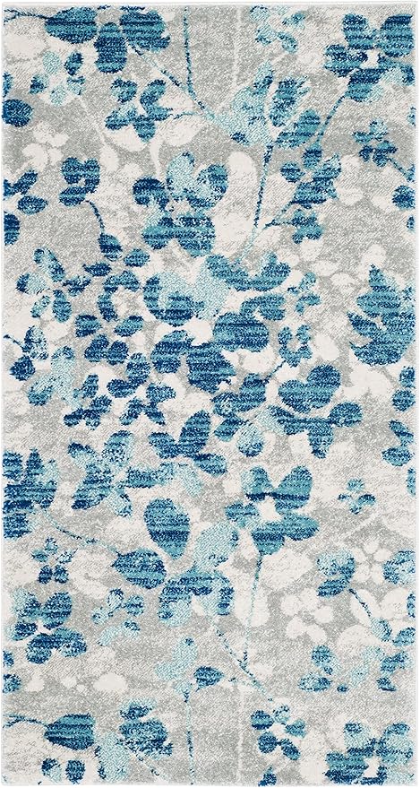 SAFAVIEH Evoke Collection 2'2" x 4' Grey/Light Blue EVK236J Floral Non-Shedding Living Room Bedroom Accent Rug
