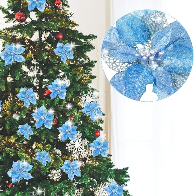 WILLBOND 36 Pieces Christmas Poinsettia Glitter Faux Flowers Christmas Artificial Flowers Tree Ornaments Topper Xmas Decorations(Blue)
