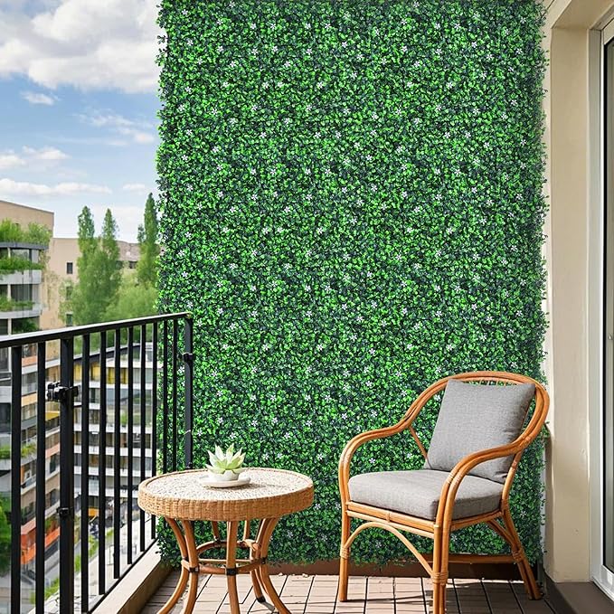 60"x 120"(50 sq.ft) Artificial Boxwood Roll Panels with Flowers, UV-Anti Faux Ivy Leaves Privacy Fence Screen, Grass Wall Roll Panels for Indoor Home Decor and Outdoor Garden Backyard