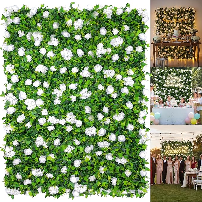 5×8 Ft 3D Artificial Flower Wall Panels, Quick Assembly Storage White Floral Greenery Fake Backdrop Fence Screen for Wedding Baby Show Birthday Party Indoor Outdoor Garden Backyard Home Decor
