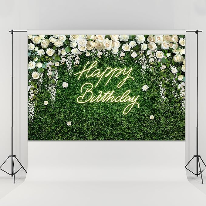 Riyidecor Green Leaves Birthday Backdrop Polyester Fabric Blooming White Rose Flower Floral Elegant Greenery Grass Wall Natural Plant 5Wx3H Feet Photography Background Birthday Photo Studio Shoot