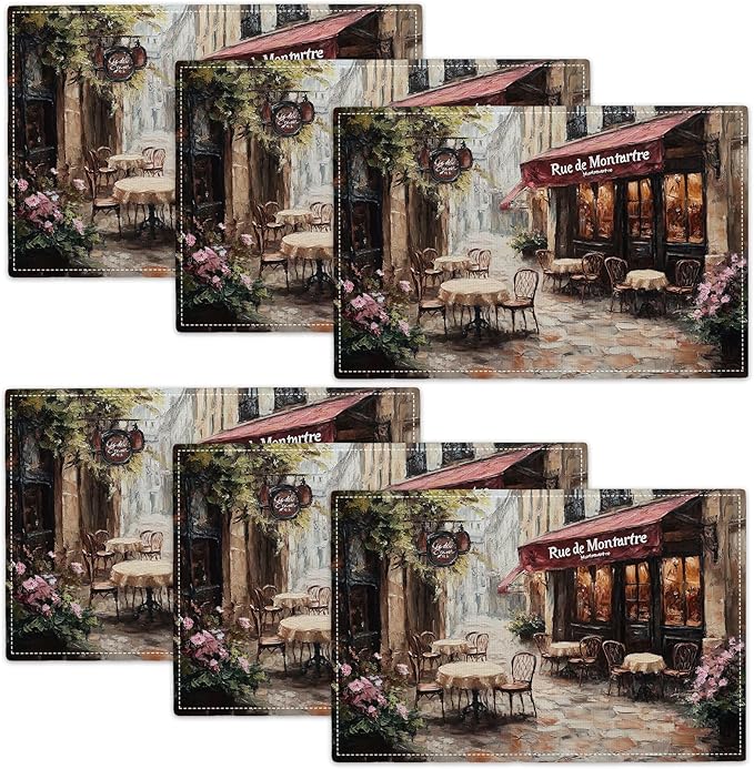 Street Scene Placemats Set of 6, Italian Place Mats, Rustic Street Stone Rock Houses in Italy City Dining Table Mats, Washable Placemats for Kitchen Dining Room 18L'' × 12W''