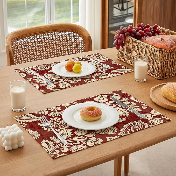 LilyCat Linen Fabric Red Paisley Floral Placemats, Durable Boho Dining Table Mats for Kitchen, Rustic Vintage Washable Place Mats Set of 4, 18’’× 12’’