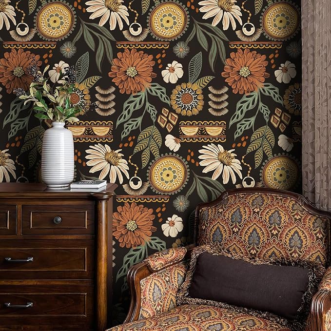 JiffDiff Boho Peel and Stick Wallpaper 17.3" x 240" Vintage Sun Floral Retro Removable Contact Paper Paper Dark Botanical Flowers Bathroom Bedroom Renter Friendly Wall Mural