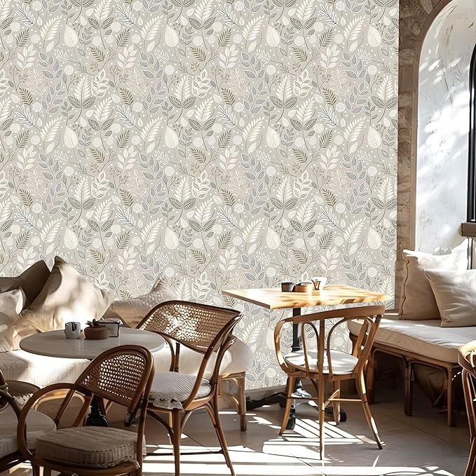 Gray Leaf Peel and Stick Wallpaper Grey White Floral Contact Paper Easy Peel Off Self-Adhesive Removable Stick on Wall Paper for Kitchen Cabinet Drawer 17.71" X 236.2"
