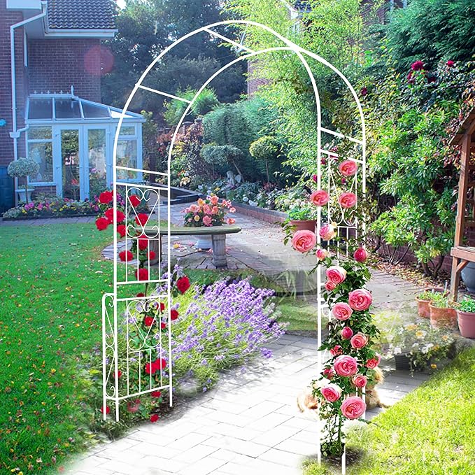 Metal Garden Arch, Assembly Garden Arbor Trellis Climbing Plants Support Rose Arch Outdoor Wedding Arch Party Events Archway (W55'' x H94.5'', Cream White)