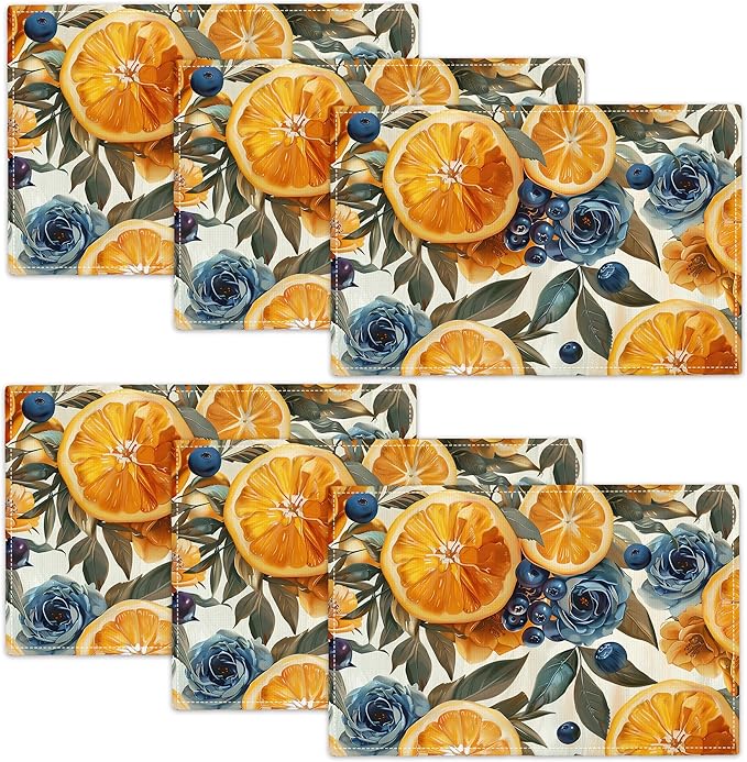 Orange Placemats Set of 6 Fruit Blueberry Rose Leaf Table Mats Washable Place Mats for Home Party Indoor Kitchen Dining Table Decoration 12x18 Inch