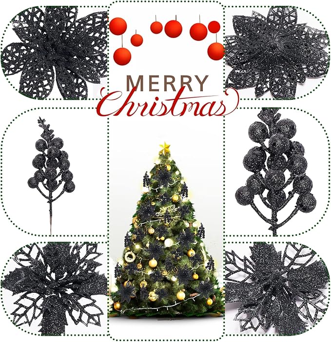 Zhuqing 22Pcs Christmas Poinsettia Artificial Flowers and Glitter Berries Stems Kit, 16Pcs Christmas Tree Flowers Ornaments and 6 Pack Christmas Tree Picks for Wedding Holiday Decorations (Black)