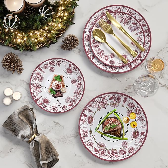 Trendables Plastic Plates For Party Supplies, Floral Disposable Plates For Party & Weddings 40 Pcs - 20 x 8 Dessert Plates & 20 x 10 Plastic Dinner Plates, Plate Set Disposable Dinnerware Sets