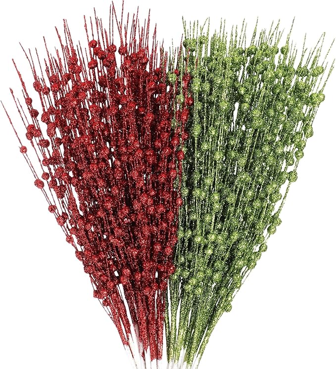 Geosar 30 Pcs Christmas Artificial Glitter Berry Stem Decorations 17 Inch Faux Stick Floral Pick Centerpiece Bouquet Flower Bead Twigs for Centerpiece Tree Wreath Xmas Ornaments Home(Green and Red)