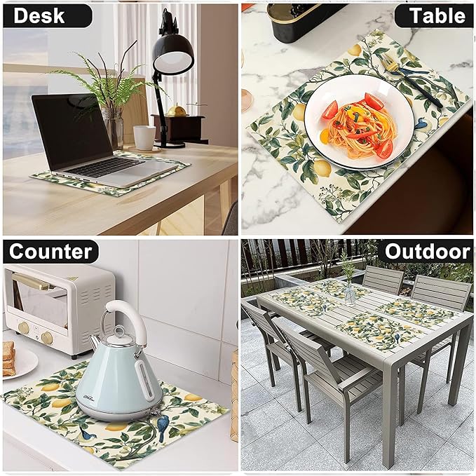 Lemon Placemats Set of 6 Washable Table Mats Summer Yellow Lemonade Stand Heat-Resistant Cotton Linen Place Mats for Dining Table Kitchen Indoor Outdoor Party Holiday Decor