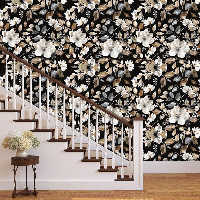 Vintage Dark Black Floral Peel and Stick Wallpaper Modern Botanical Flower Waterproof Removable Self Adhesive Vinyl Contact Wall Paper for Farmhouse Bathroom 17.7" X 354" Roll
