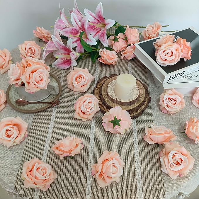 Artificial Satin Rose Flower Heads,48 Pcs Silk Rose Heads with Stems,3.3'' Rose Artificial Flowers Bulk,Artificial Rose Flower Heads for DIY Crafts Bouquet (48, Blush)