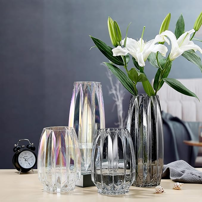 Glass Vase - Modern Ribbed Glass Vase for Flowers, Candles, and Decorative Accents -Black Grey, Amber, Clear and Colored Tall/Short Glass Vase for Centerpieces Home Table Decor (Colored, H-7.87inch)