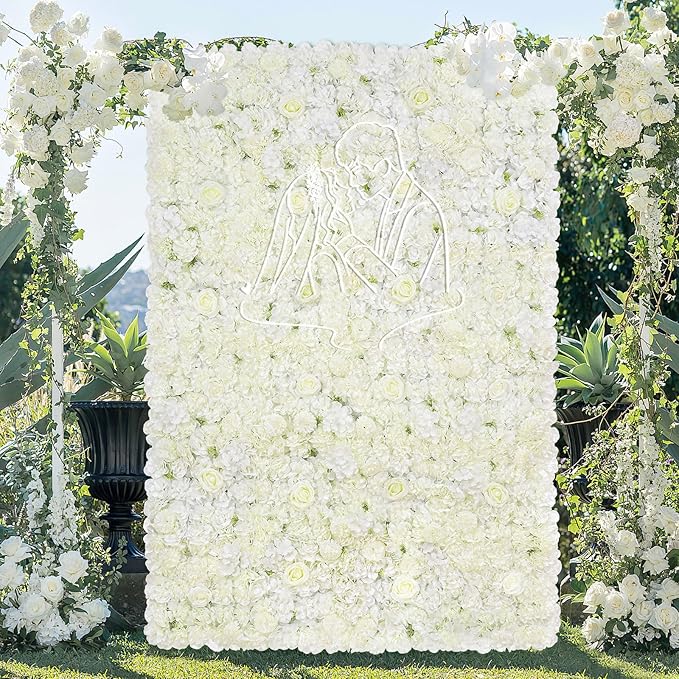 MoKoHouse White Backdrop Flower Wall Panels: 3D Artificial Silk Floral Wall Panels for Wedding Birthday Decorations 24 Packs 15x15 Inches