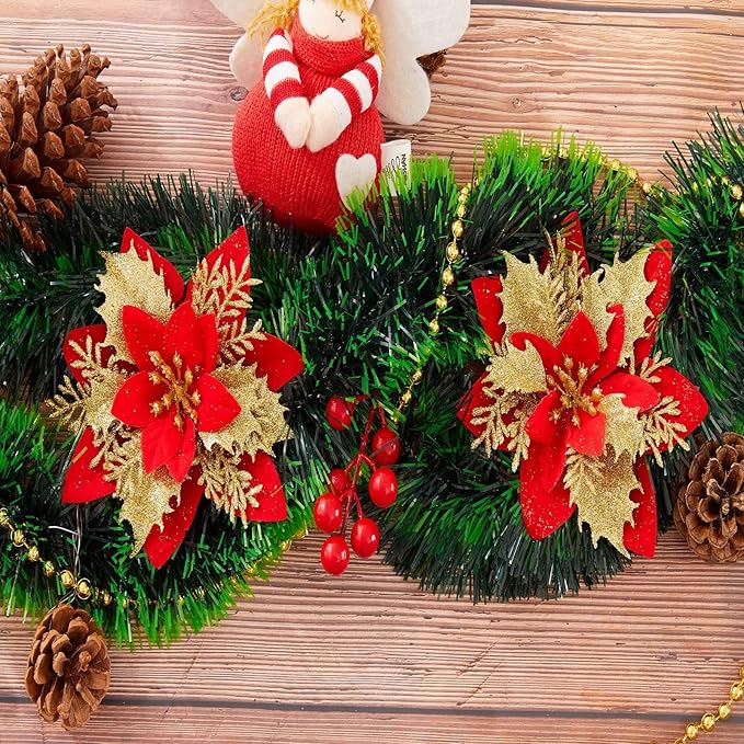 Zhuqing 15Pcs Christmas Poinsettia Artificial Flowers Decorations, Glitter Poinsettia Christmas Tree Ornaments, Red Tree Flowers for Xmas/Party/Holiday/Wreath/Garland Decor, with Cilps, 5.5 Inch