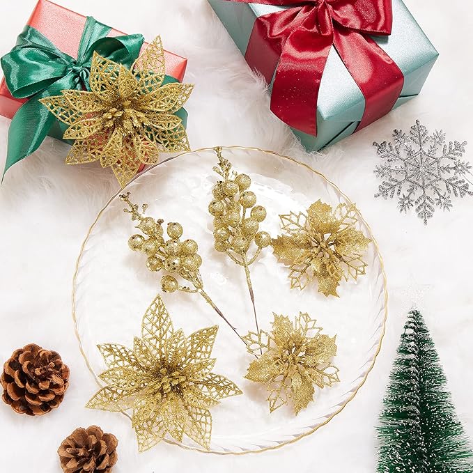 Zhuqing 22Pcs Christmas Poinsettia Artificial Flowers and Glitter Berries Stems Kit, 16Pcs Christmas Tree Flowers Ornaments and 6 Pack Christmas Tree Picks for Wedding Holiday Decorations (Gold)