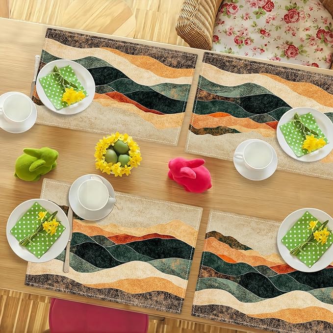 Southwestern Placemats Set of 6, Colorful Art Place Mats, Rustic Mountain Painting Dining Table Mats, Washable Abstract Modern Placemats for Kitchen Dining Room 18L'' × 12W''