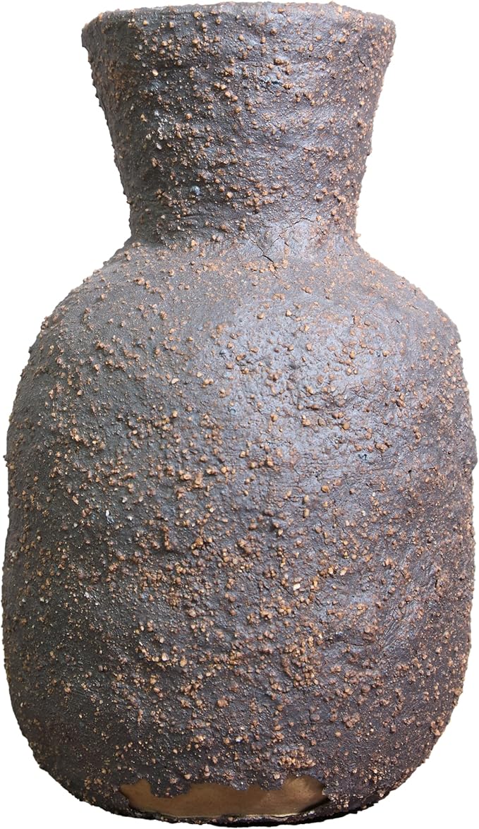 Rustic Textured Clay Vase - 7IN Round Ceramic Vase Vintage Farmhouse Style Decor, Circle Wabi Sabi Vases for Farmhouse Home Decor, Decor Living Room, Table, Shelf (brown2)