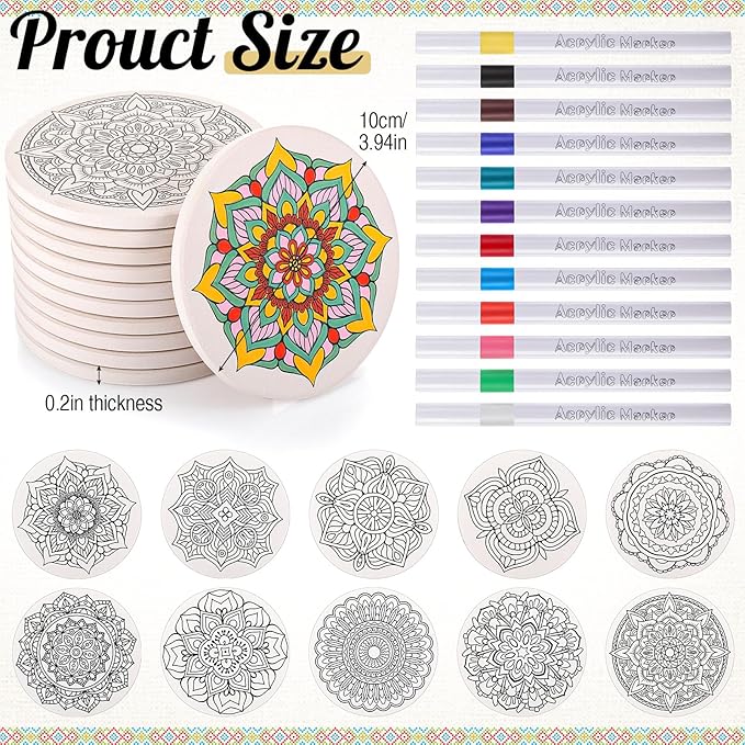10 Pcs Ceramic Coasters for Drinks Color Your Own Coaster Set DIY Absorbent Cup Mat with 12 Markers and Cork Base Gift Arts and Crafts for Coffee Table Apartment Bar Home Decoration (Mandala)