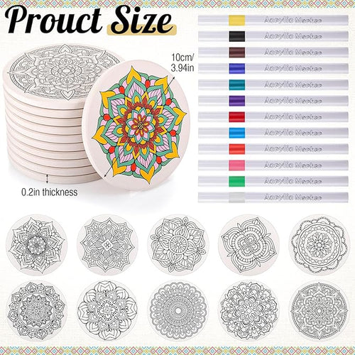 10 Pcs Ceramic Coasters for Drinks Color Your Own Coaster Set DIY Absorbent Cup Mat with 12 Markers and Cork Base Gift Arts and Crafts for Coffee Table Apartment Bar Home Decoration (Mandala)