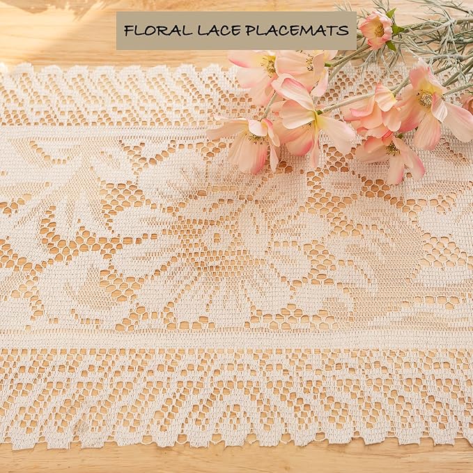 Jayla 2 Pcs Rectangle Lace Placemats for Tables Embroidered Lace Tablemats Vintage Crochet Floral Table Runner Vintage Wedding, Tea Party Decor,12x17 Inch