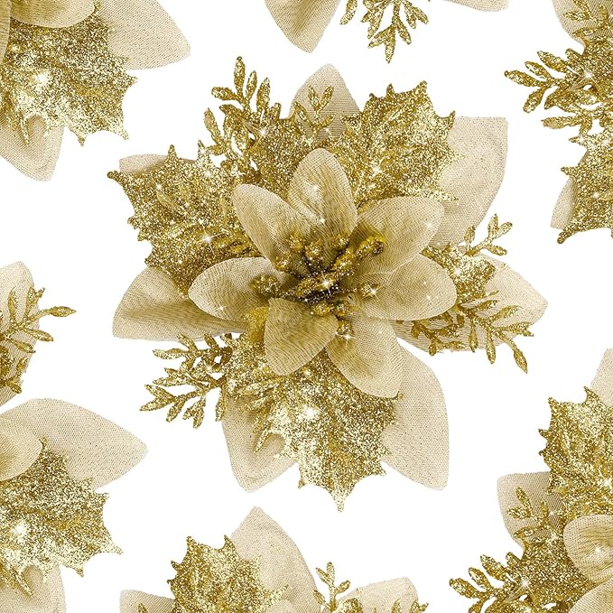 12 PCS Poinsettia Flower Artificial Gold Christmas Flowers Artificial 5.5'' Glitter Poinsettias Artificial Christmas Tree Flower with Clips DIY Xmas Wreath Holiday New Year Home Party Decor