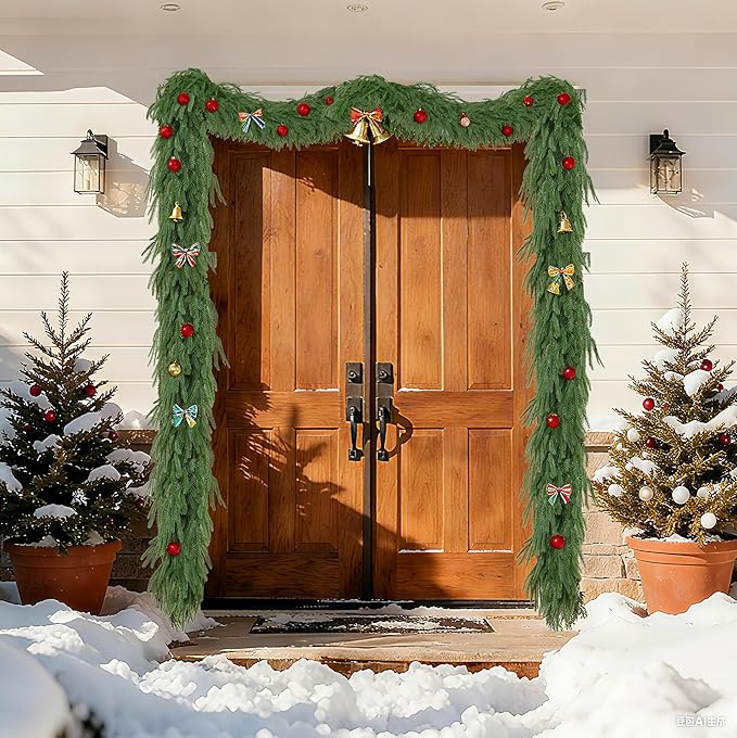Palonu 2 Pcs 6Ft Artificial Norfolk Garland, Faux Christmas Greenery Touched Like Real Needles Pine, Decoration for Table Mantle Wall Porch Fireplace Indoor Outdoor Winter Holiday Décor