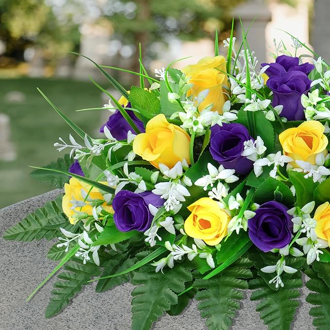Artificial Cemetery Flowers Saddle-Shaped Tombstone Decorations Non-Fading UV-Resistant（ Yellow+Purple Saddle）