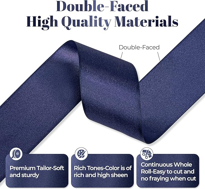 Navy Blue Satin Ribbon, Double Faced 1-1/2 Inch X 25 Yards Navy Blue Ribbon, Premium Satin Ribbon for Gift Wrapping, Crafts, Hair Bow Making, Sewing, Flower Bouquet, Wedding Party Decor