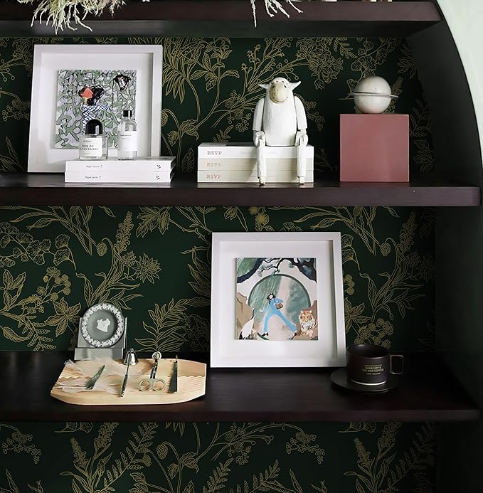 Dark Green and Gold Wallpaper Floral Peel and Stick Wallpaper Vintage Flower and Leaf Contact Paper for Cabinets Self-Adhesive Removable Wallpaper for Bedroom Bathroom Kitchen 118"x17.3"