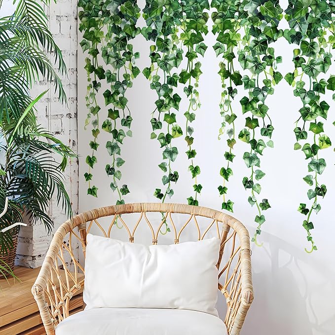 Green Plants Leaves Wall Decals Hanging Vine Wall Stickers Fresh Green Leaf Wall Art Removable Nature Botanical Vine Branches Leaves Murals for Kids Bedroom TV Background Home Decor 91