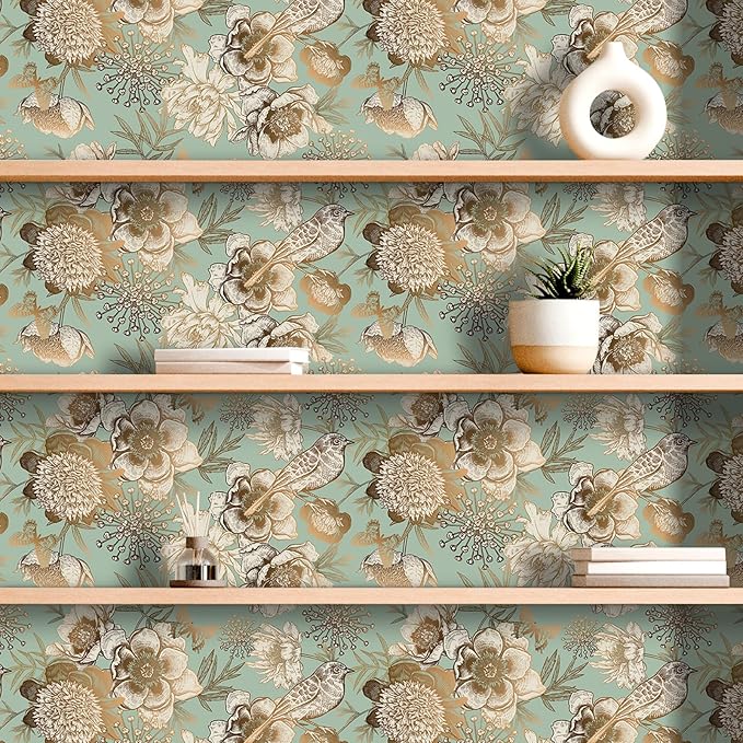 Decotalk Green Floral Wallpaper Floral Peel and Stick Vintage Flowers Wall Paper for Bedroom Bathroom 17.5"x120" Green/Gold Wall Paper Florals Flower Bird Wallpaper Removable Flower Cover Vinyl