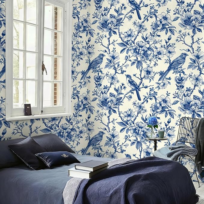 Floral Peel and Stick Vintage Animal Wallpaper Blue Bird Removable Botanical Leaf 17.7" x 236.22" Wall Paper Watercolor Self Adhesive Contact Paper for Classroom Bedroom Laundry Room Bathroom