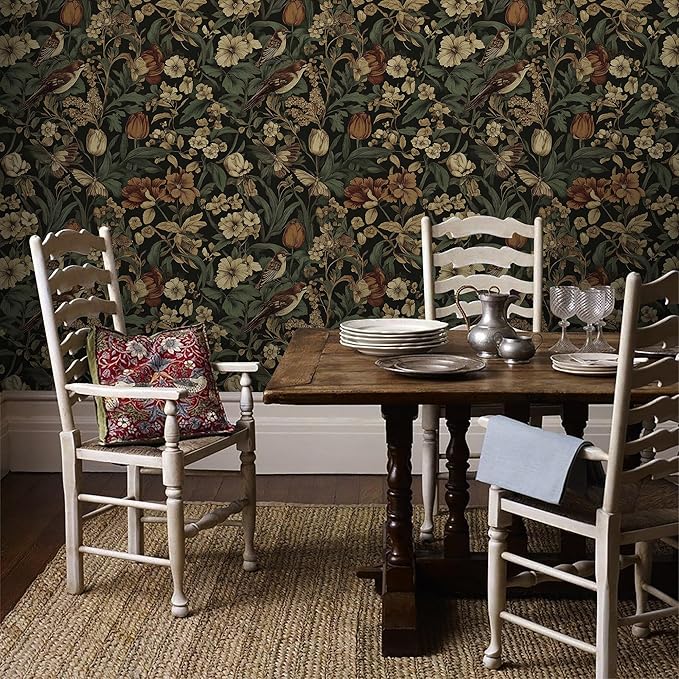 Erfoni 17.3" x118" Vintage Floral Peel and Stick Wallpaper Dark Floral and Bird Contact Paper DIY Self Adhesive Removable Wallpaper for Bedroom Cabinets Decor Retro Boho Flower Leaf Wall Paper