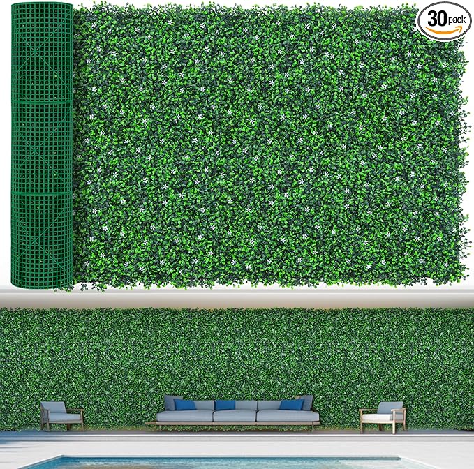 EverNture 48"x120"(40 SQFT) Grass Wall Panels, Artificial Grass Backdrop, Fake Greenery Plant Boxwood Roll with Flower, Green Wall Decor for Outdoor Indoor Patio Garden Backyard