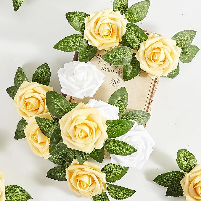 Artificial Flowers, 25pcs Yellow and White Artificial Rose for DIY Wedding Bouquets Centerpieces Arrangements, Fake Flower with Stems for Party Home Decorations