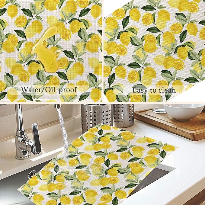 Lemon Placemats Set of 6,Washable Heat Resistant 12×18 Inch Linen Table Mats Yellow Place Mats for Party Outdoor Dining Décor
