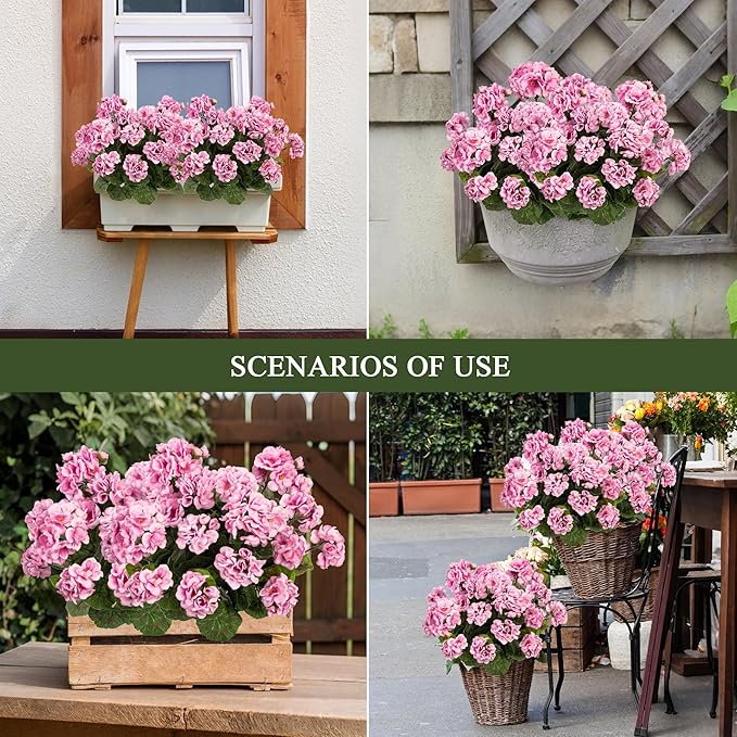 Plastic Flowers for Outdoors Home Decor Fake Plants Artificial Flowers Artificial Geraniums Outdoor Fake Flowers Silk Bouquet, Fall Decor for Interior Porch Garden Decor14.4 (Pink) 8PCS