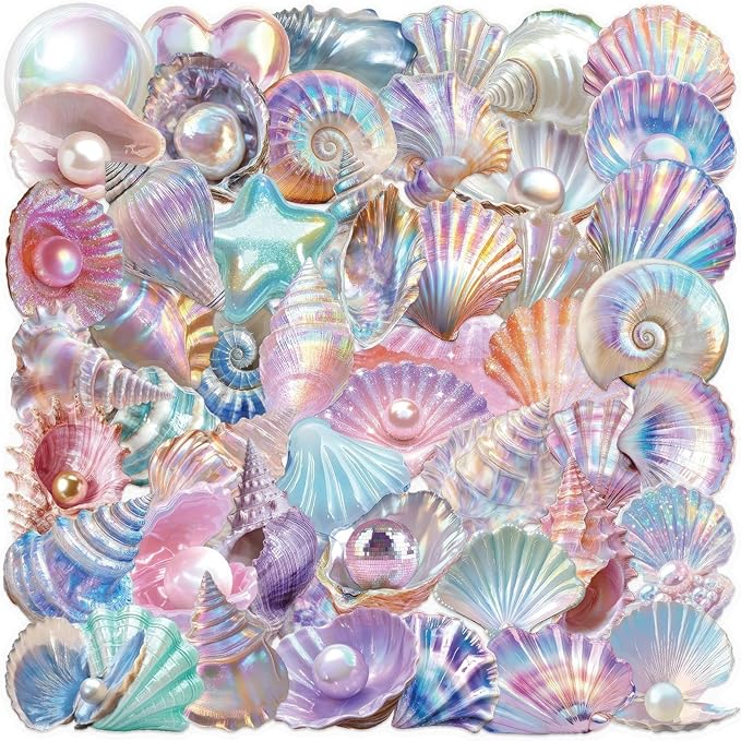 50 Pcs Sea Shell Stickers Waterproof, Transparent PET Aesthetic Stickers, Nautical Clam Shell Pearl Decals for DIY Crafts, Journals, Planners, Laptop & Water Bottle Decor