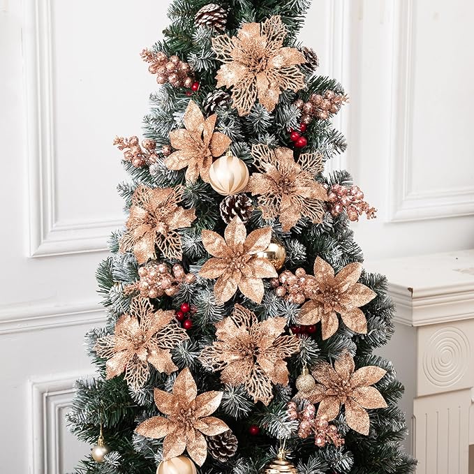 24Pcs Rosegold Glitter Poinsettia Christmas Tree Ornaments and Glitter Berries Stems, 16Pcs Christmas Artificial Flowers and 8 Pack Christmas Tree Picks for Wedding Holiday Decorations
