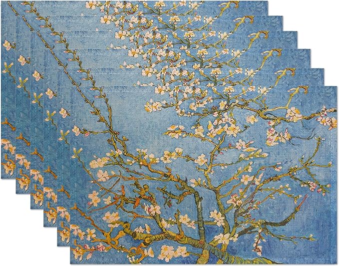 Blossoming Almond Tree Placemats Set of 6,White Flower Place Mats Heat Resistant Washable Non-Slip Table Mats for Party Kitchen Dining Decor 12x18 Inch