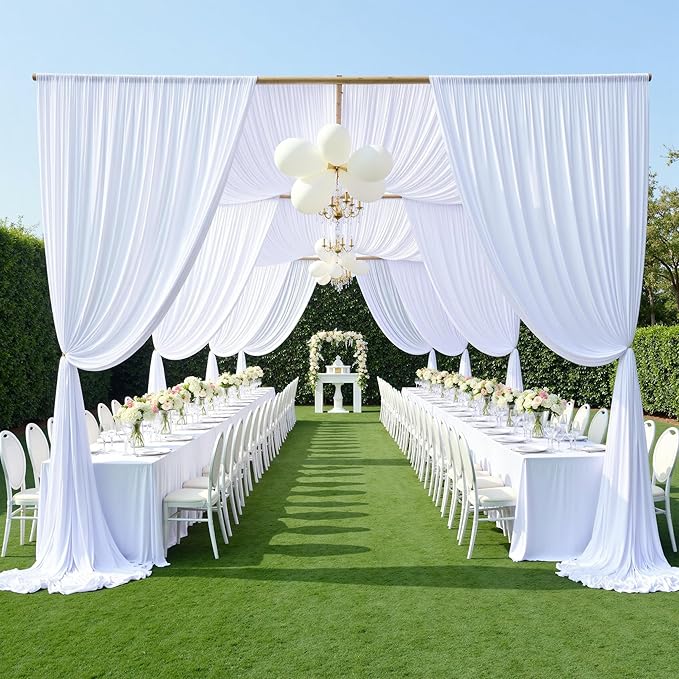 PartyVillage 30ft×15ft White Backdrop Curtain for Wedding Parties, 6 Panels Wrinkle Free 15 FT Long Polyester Photo Backdrop Drapes Back Drop Cloth for Birthday Photography Background
