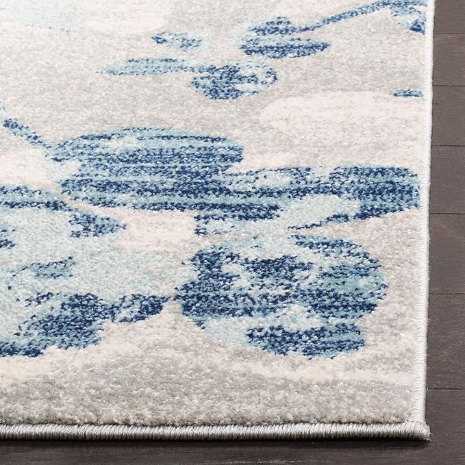 SAFAVIEH Evoke Collection Area Rug - 6'7" Square, Grey & Light Blue, Floral Design, Non-Shedding & Easy Care, Ideal for High Traffic Areas in Living Room, Bedroom (EVK236J)