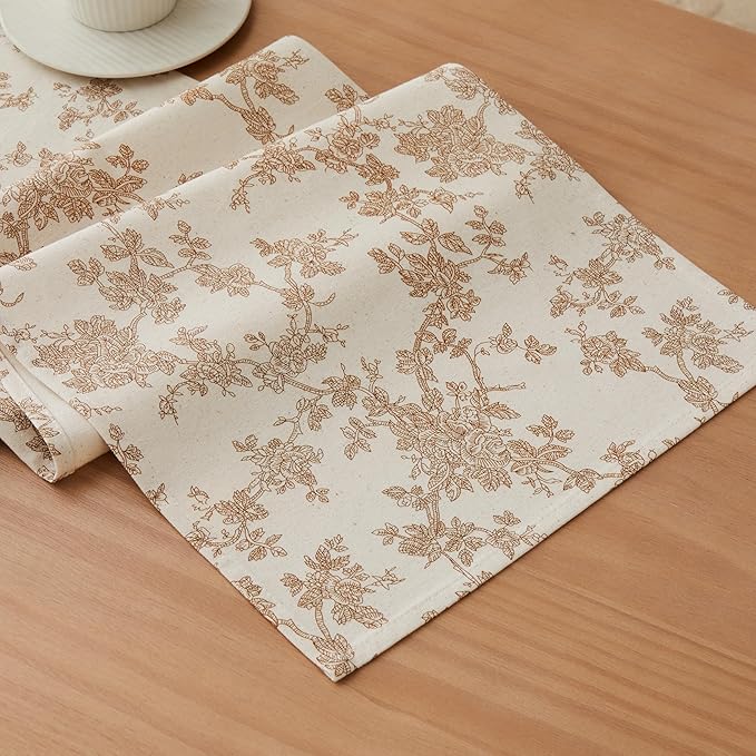100% Cotton French Pastoral Table Runners, 13x60 Inch Brown Farmhouse Table Runners 60 Inches Long, Vintage Flowers Print Home Decors