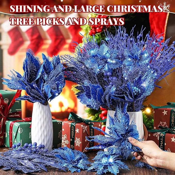 Yerliker 108 Pcs Blue Glitter Christmas Picks and Sprays, 12 Styles Artificial Christmas Floral Berry Branches Flowers Stems for Xmas Tree Ornaments Wreath Garland DIY Vase Holiday Party Decor