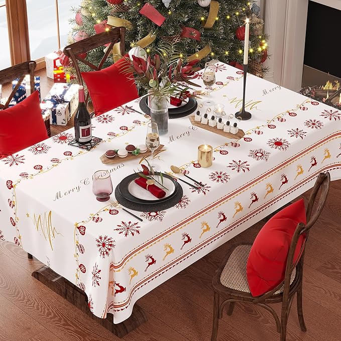 Christmas Rectangle Table Cloth,100% Waterproof Tablecloth,Christmas Decorations for Home, Vinyl Tablecloth Plastic Table Cover for Party，Picnic,Dining,Outdoor 54" x 102",Merry Ribbon