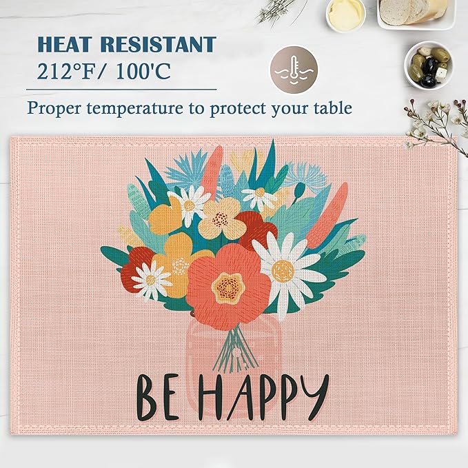 Blooming Wildflowers Placemats Set of 4, Be Happy Place Mats Non-Slip Heat Resistant Washable Placemat for Party Kitchen Dining Table Decoration Indoor Outdoor 12x18 Inch