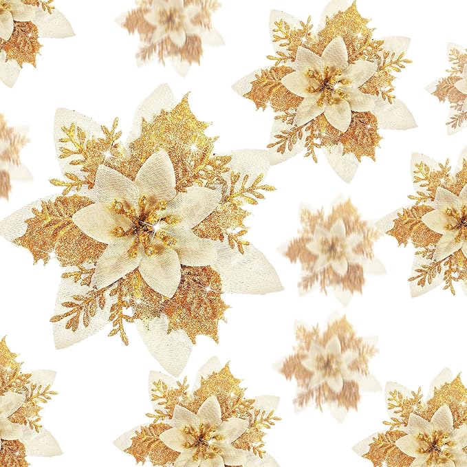 Geosar 36 Pcs Christmas Glitter Artificial Poinsettia Flowers Xmas Poinsettia Artificial Wedding Flowers Decorations Xmas Tree Ornaments with Clips for Party, 6 Inch, 4 Inch, 3 Inch(Gold)